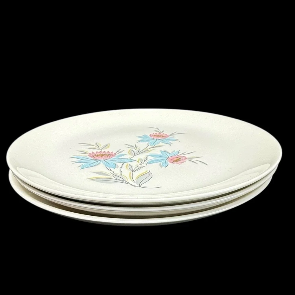 Steubenville‎ Pottery Fairlane Dinner Plates Pink Blue Flower USA Set Of 3